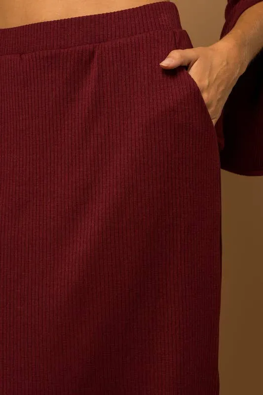 Burgundy Side Slit Rib Midi Skirt