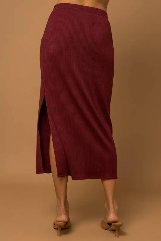 Burgundy Side Slit Rib Midi Skirt