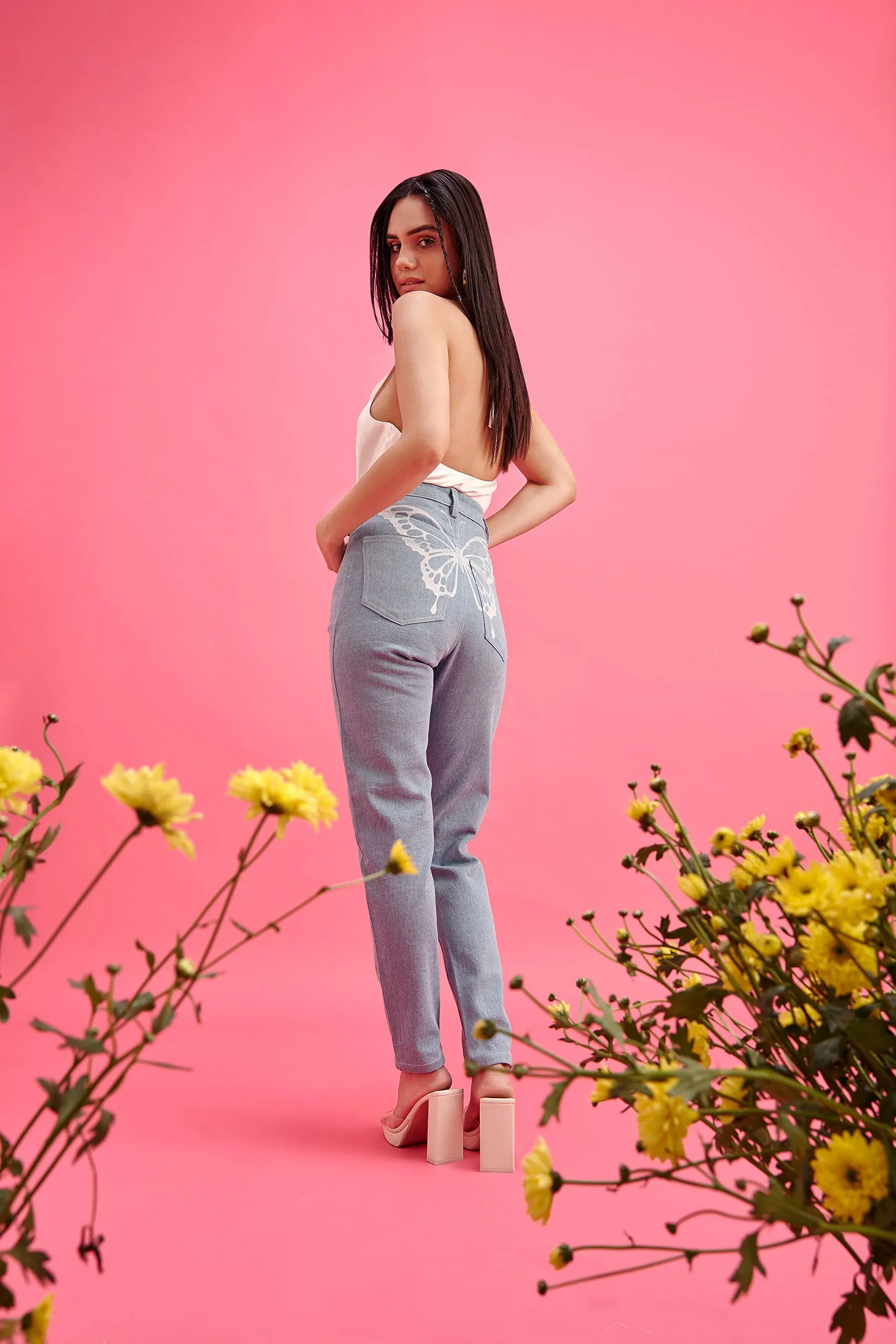 Butterfly-Print Mom Jeans