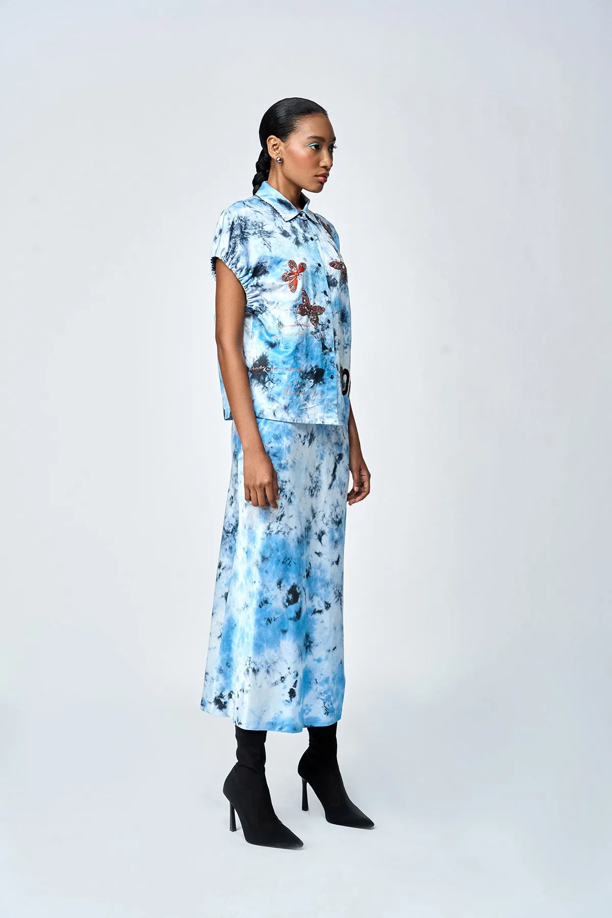 BUTTERFLY SCRIBBLE ELASTICATED TOP WITH PENCIL SKIRT