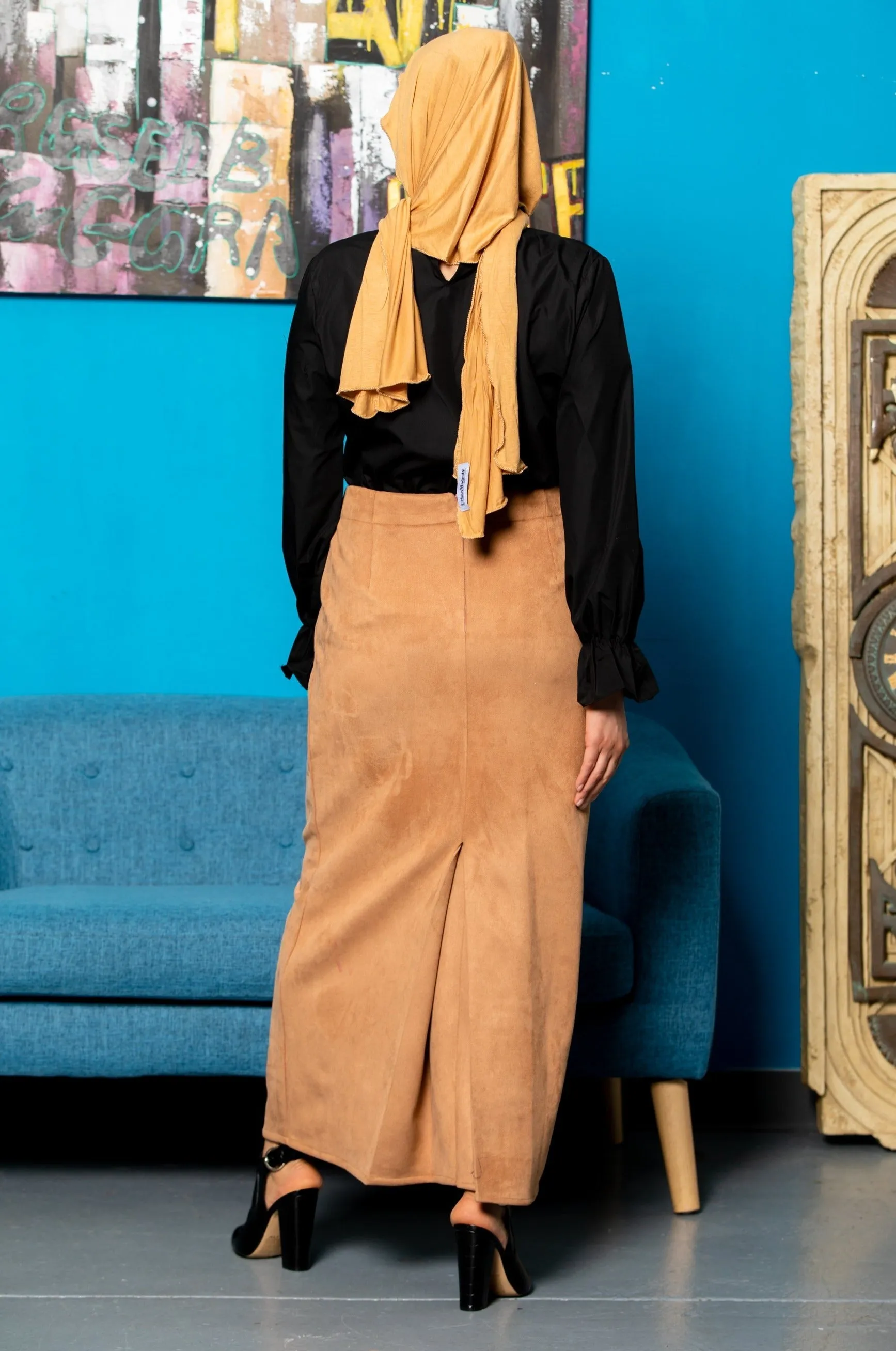 Camel Suede Pencil Maxi Skirt-CLEARANCE