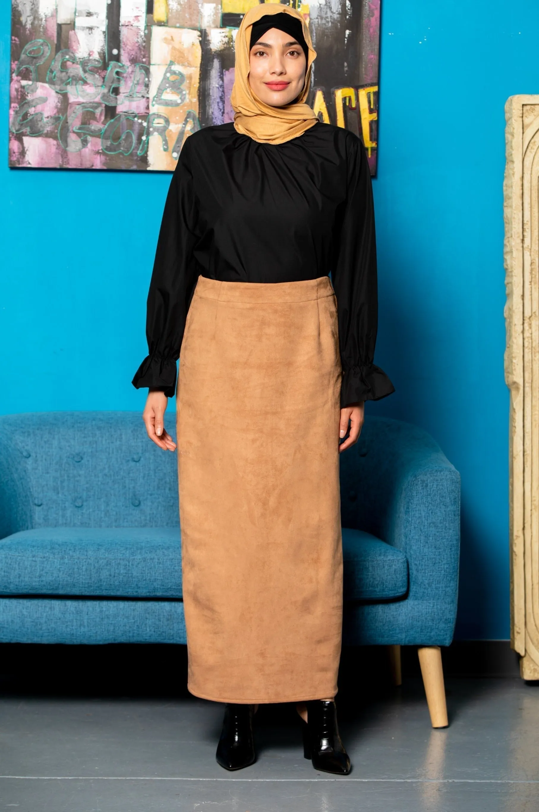 Camel Suede Pencil Maxi Skirt-CLEARANCE