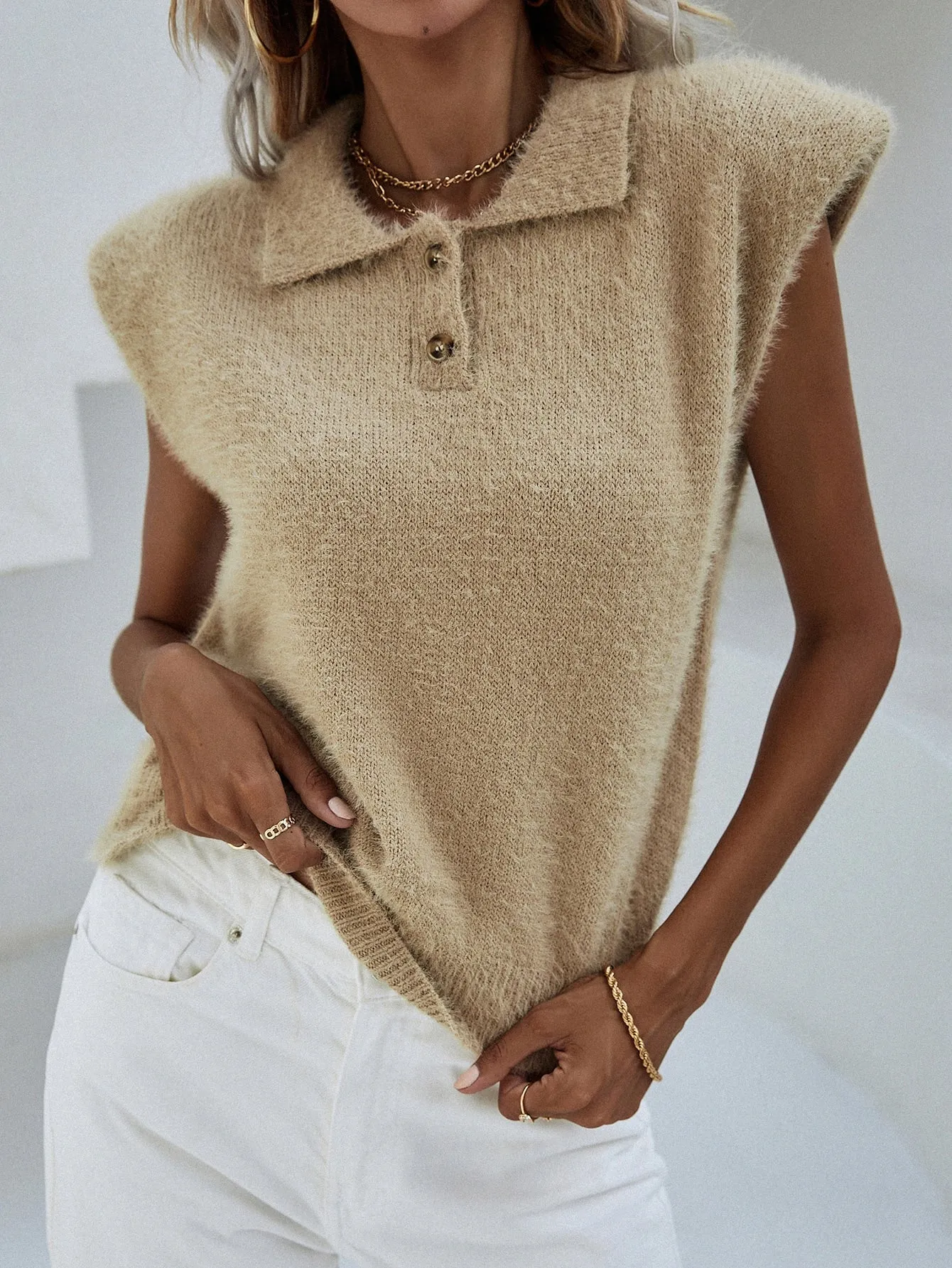 Casual Plain Button Sleeveless Polo Regular Women Knit Top