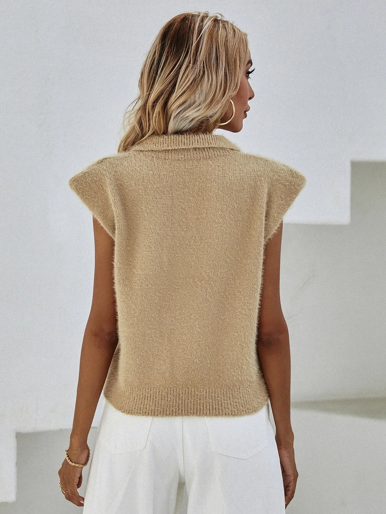 Casual Plain Button Sleeveless Polo Regular Women Knit Top