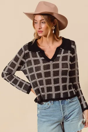 Check Plaid Crochet Knitted Sweater Top with Collar