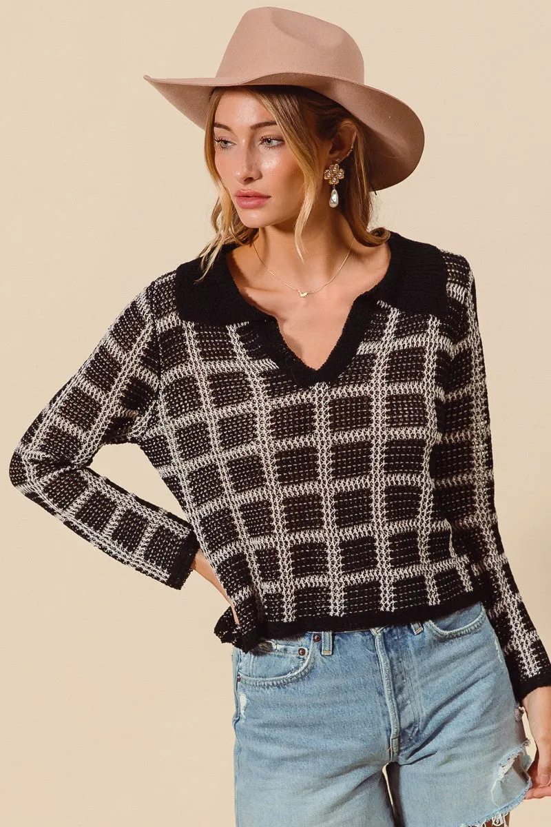 Check Plaid Crochet Knitted Sweater Top with Collar
