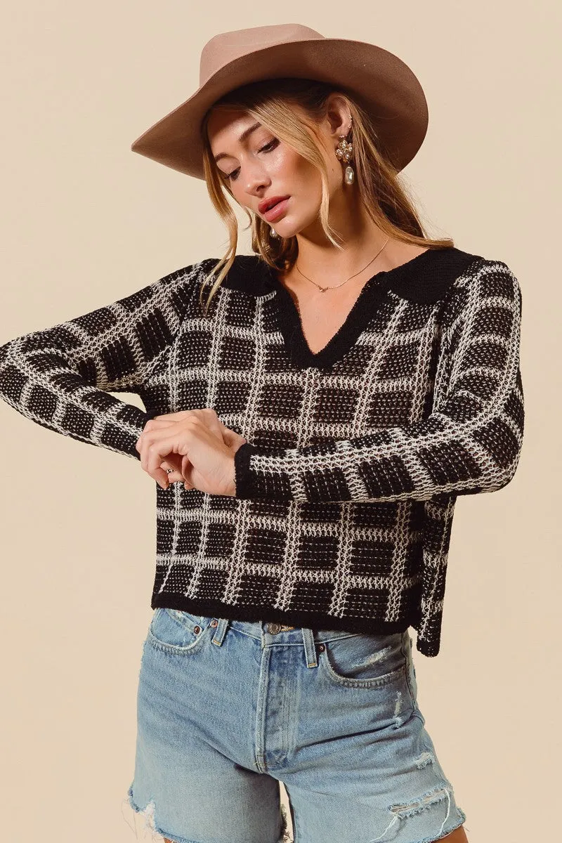 Check Plaid Crochet Knitted Sweater Top with Collar