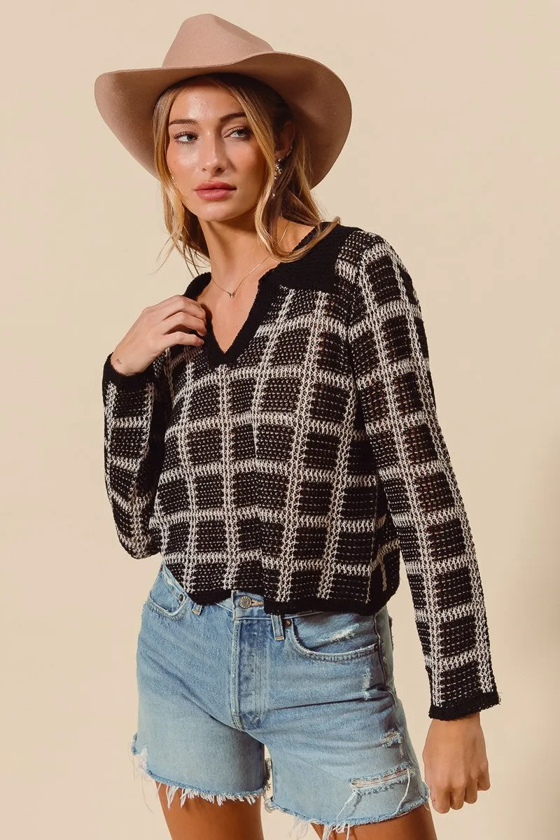 Check Plaid Crochet Knitted Sweater Top with Collar