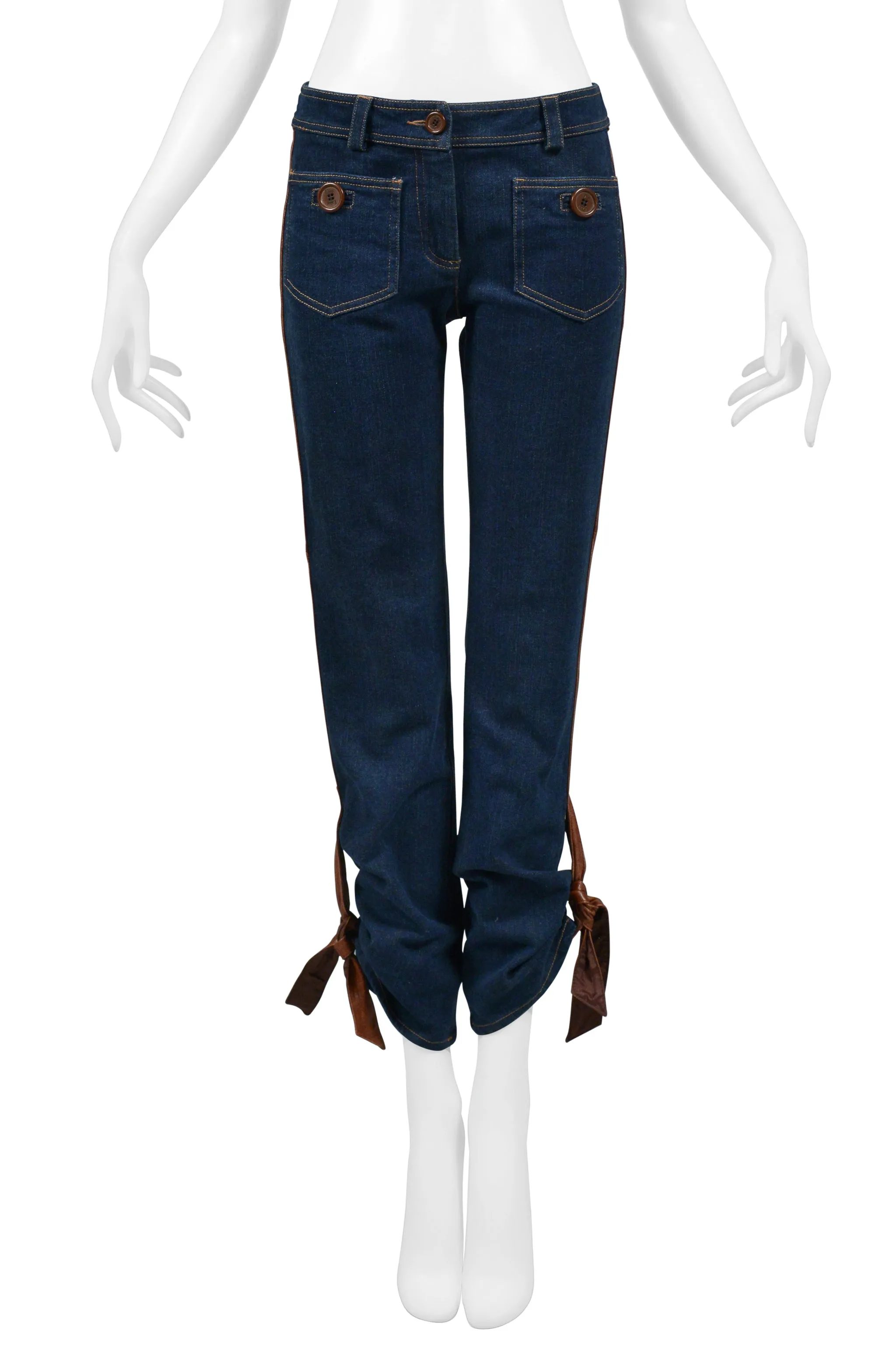 CHRISTIAN DIOR BLUE DENIM JEANS WITH LEATHER TRIM & TIES 2005