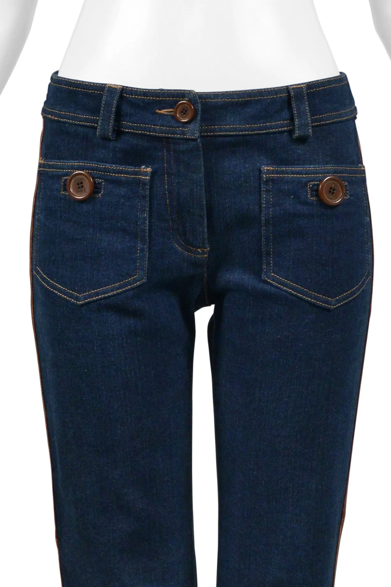 CHRISTIAN DIOR BLUE DENIM JEANS WITH LEATHER TRIM & TIES 2005