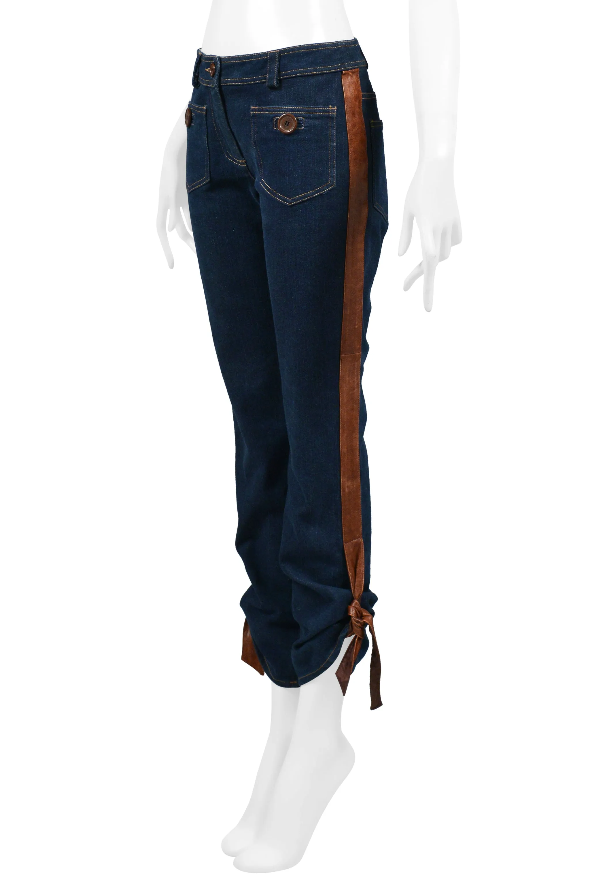 CHRISTIAN DIOR BLUE DENIM JEANS WITH LEATHER TRIM & TIES 2005