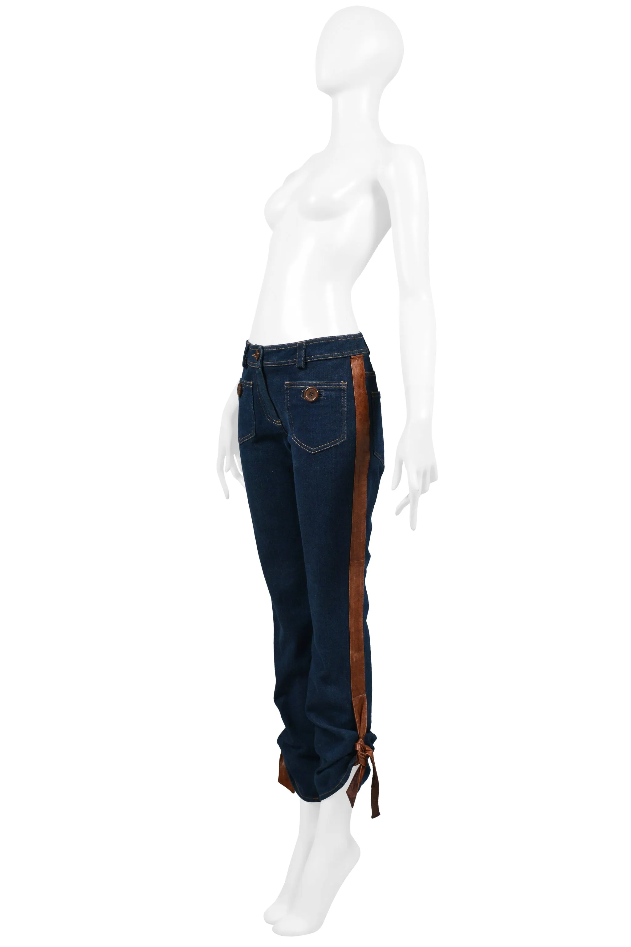 CHRISTIAN DIOR BLUE DENIM JEANS WITH LEATHER TRIM & TIES 2005