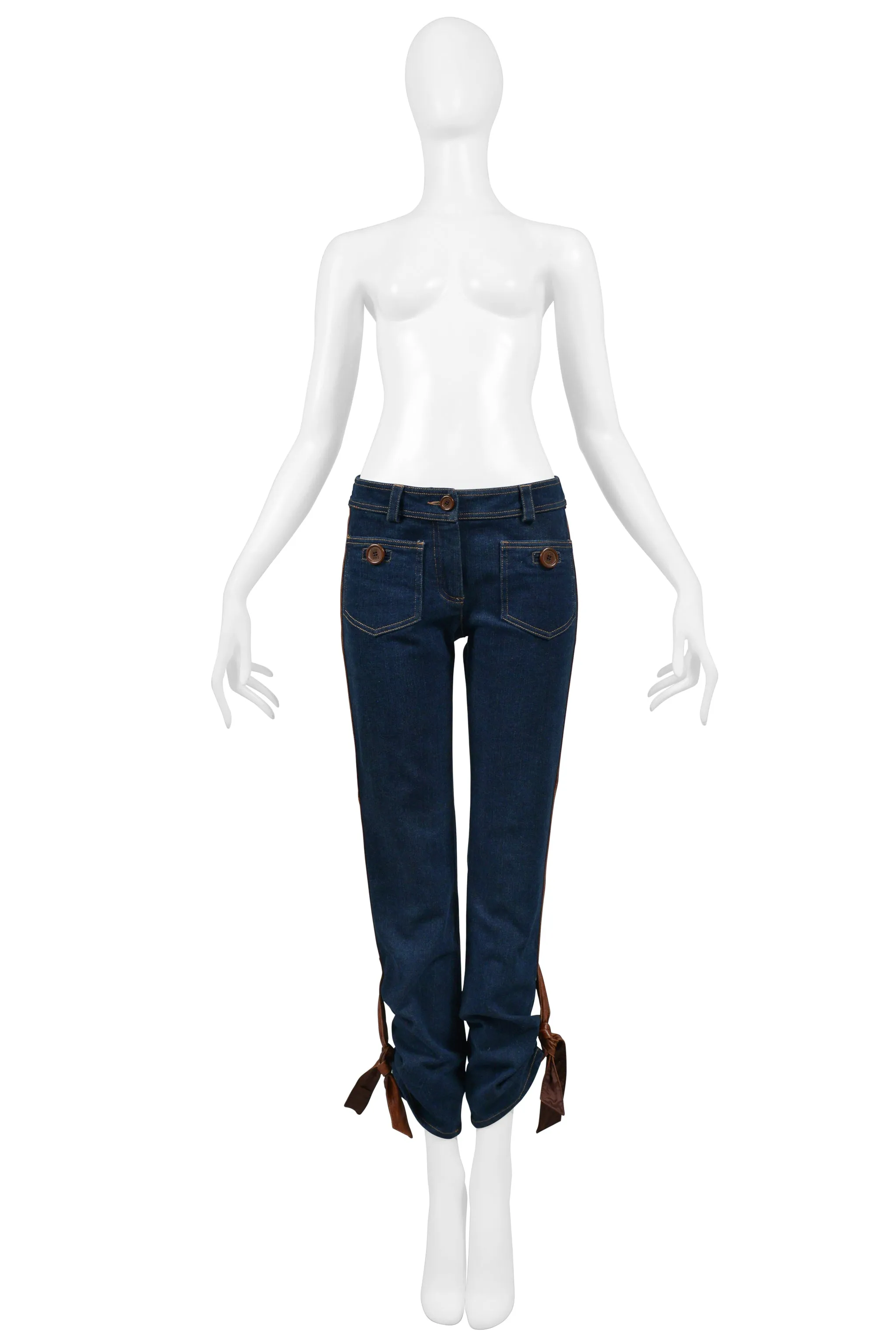 CHRISTIAN DIOR BLUE DENIM JEANS WITH LEATHER TRIM & TIES 2005