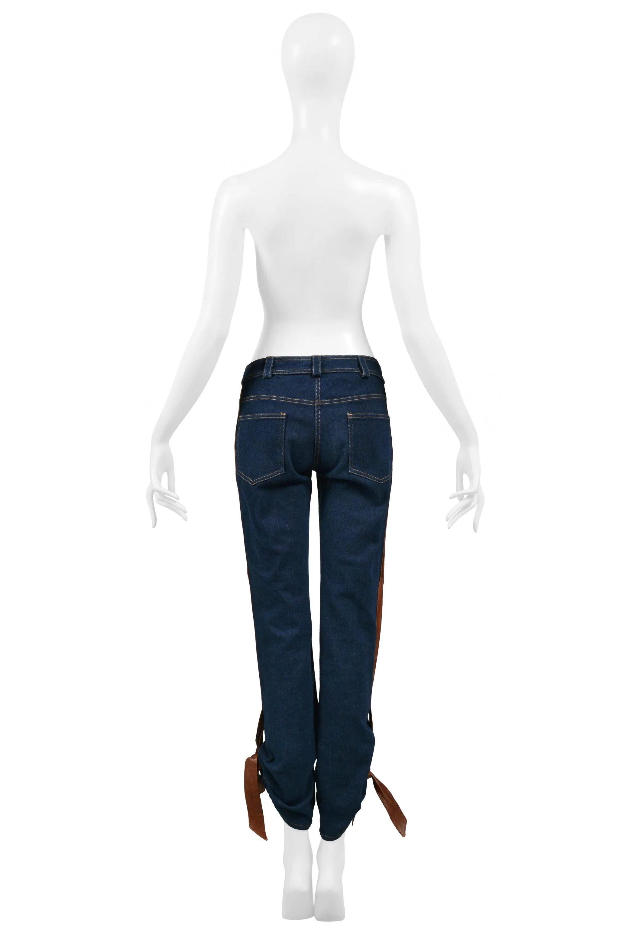 CHRISTIAN DIOR BLUE DENIM JEANS WITH LEATHER TRIM & TIES 2005