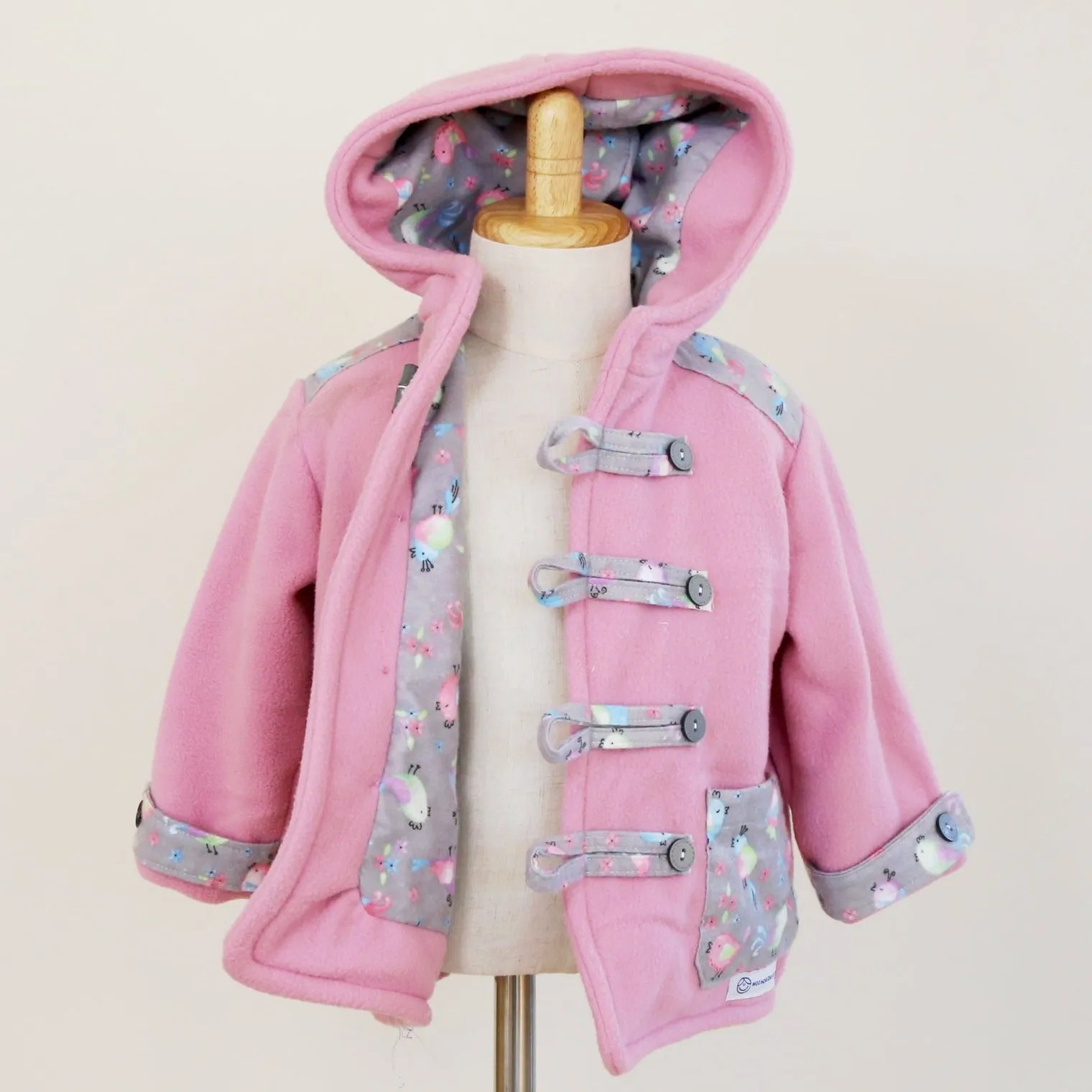 Coat - Duffle Coat - Pink Polar Fleece, Lining, Pockets and Toggles with Grey Decorative Bird Flannelette Fabric