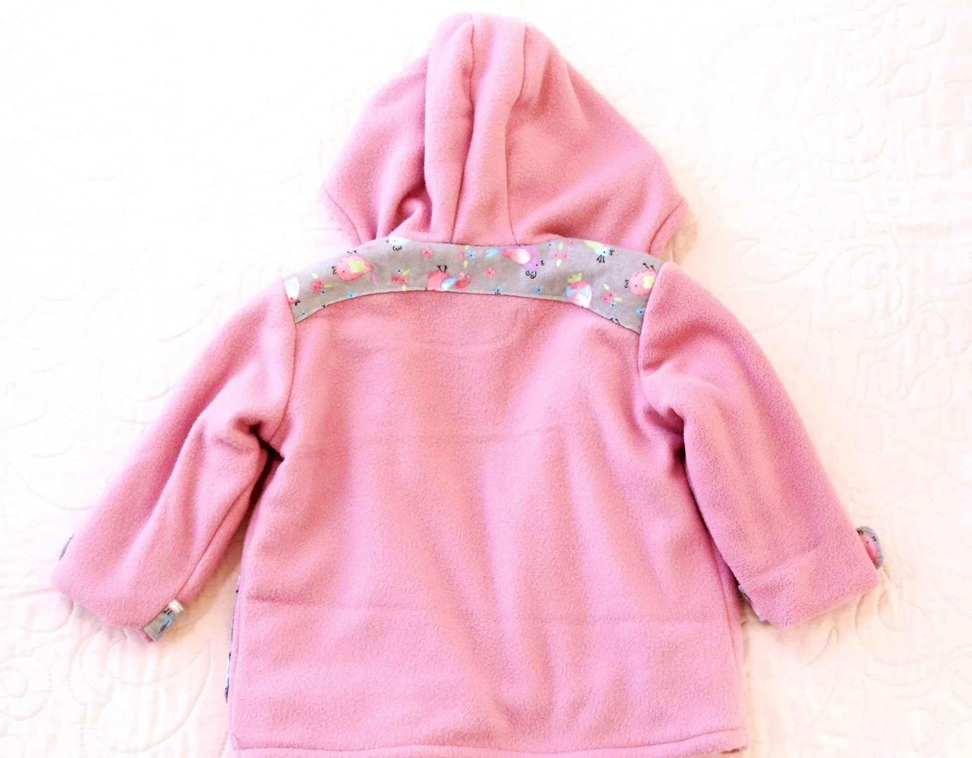 Coat - Duffle Coat - Pink Polar Fleece, Lining, Pockets and Toggles with Grey Decorative Bird Flannelette Fabric