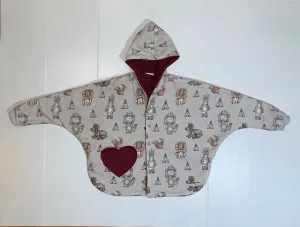 Coat - Poncho Coat - Burgundy Lined, African Animal Print, Hooded, Burgundy Heart Shape Pocket, Grey Cuffs