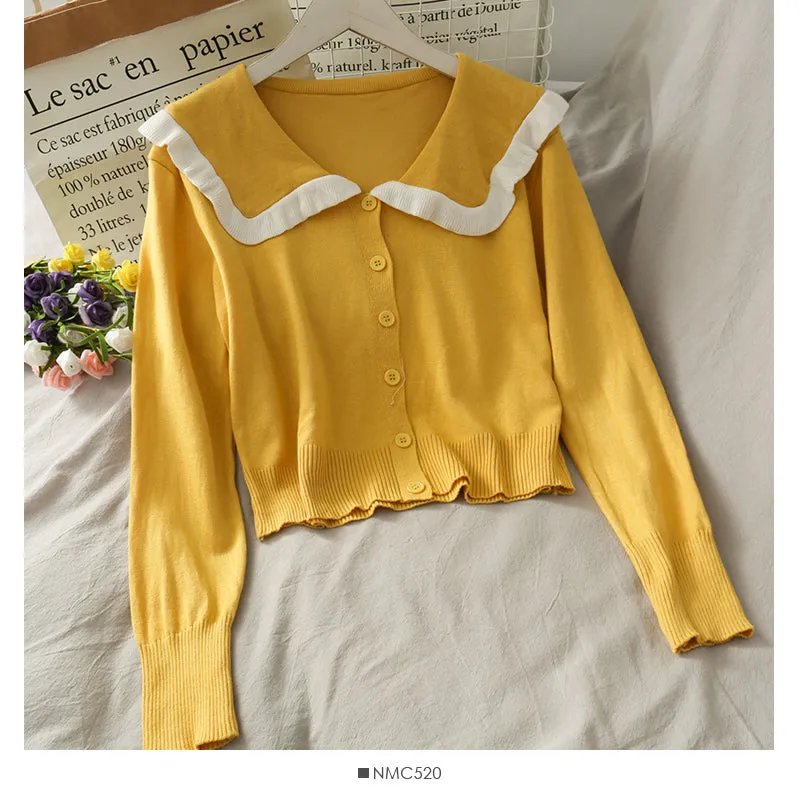 College style white border doll collar single breasted cardigan top  1806