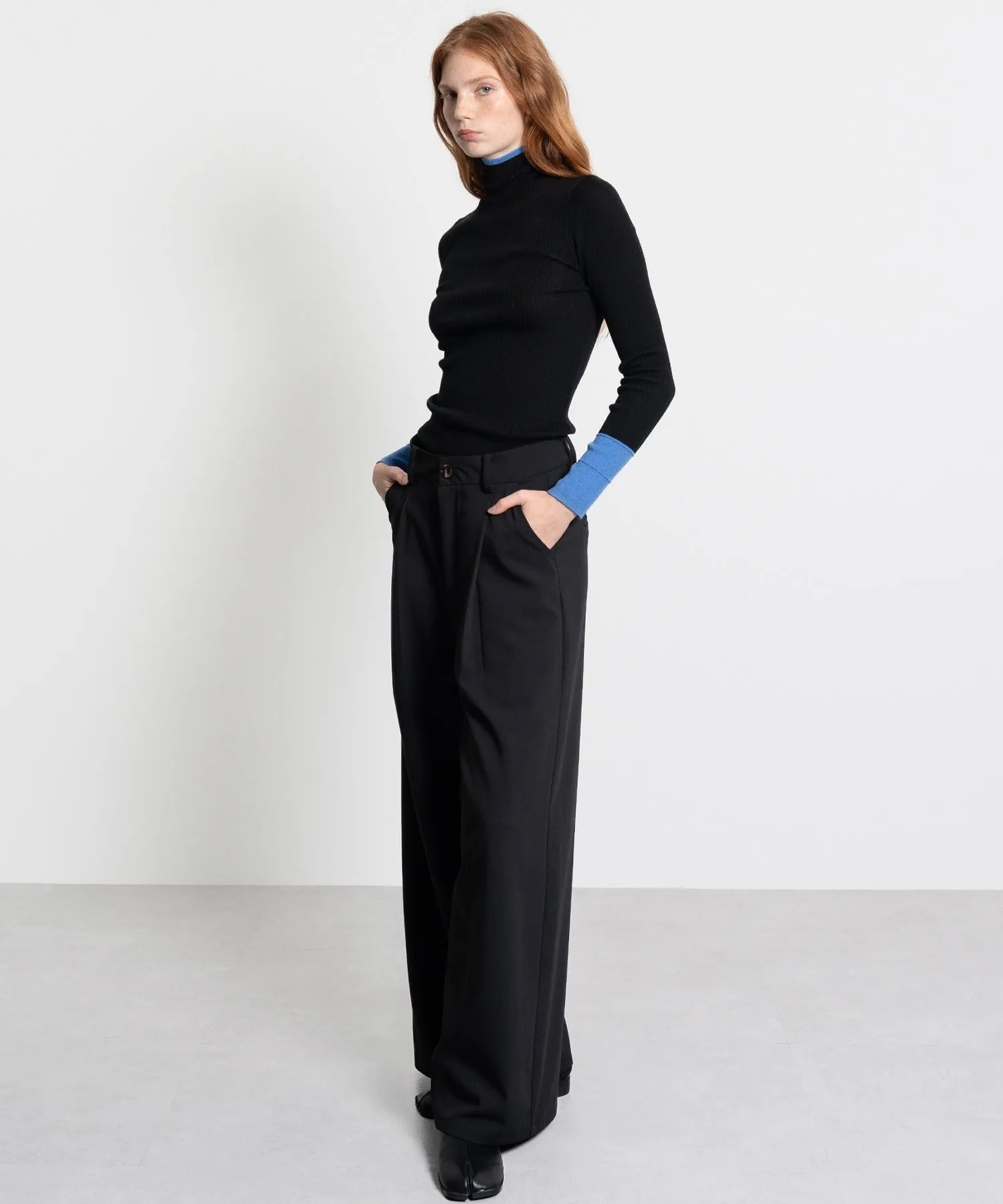 Color Block Rib Knit High Neck Wool Top