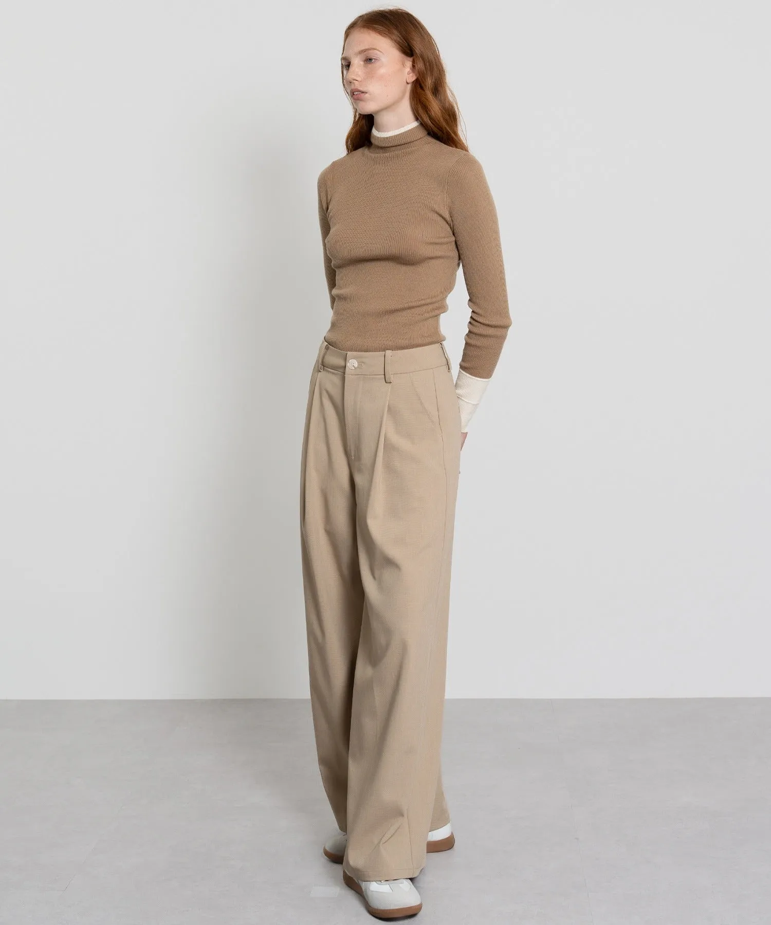 Color Block Rib Knit High Neck Wool Top