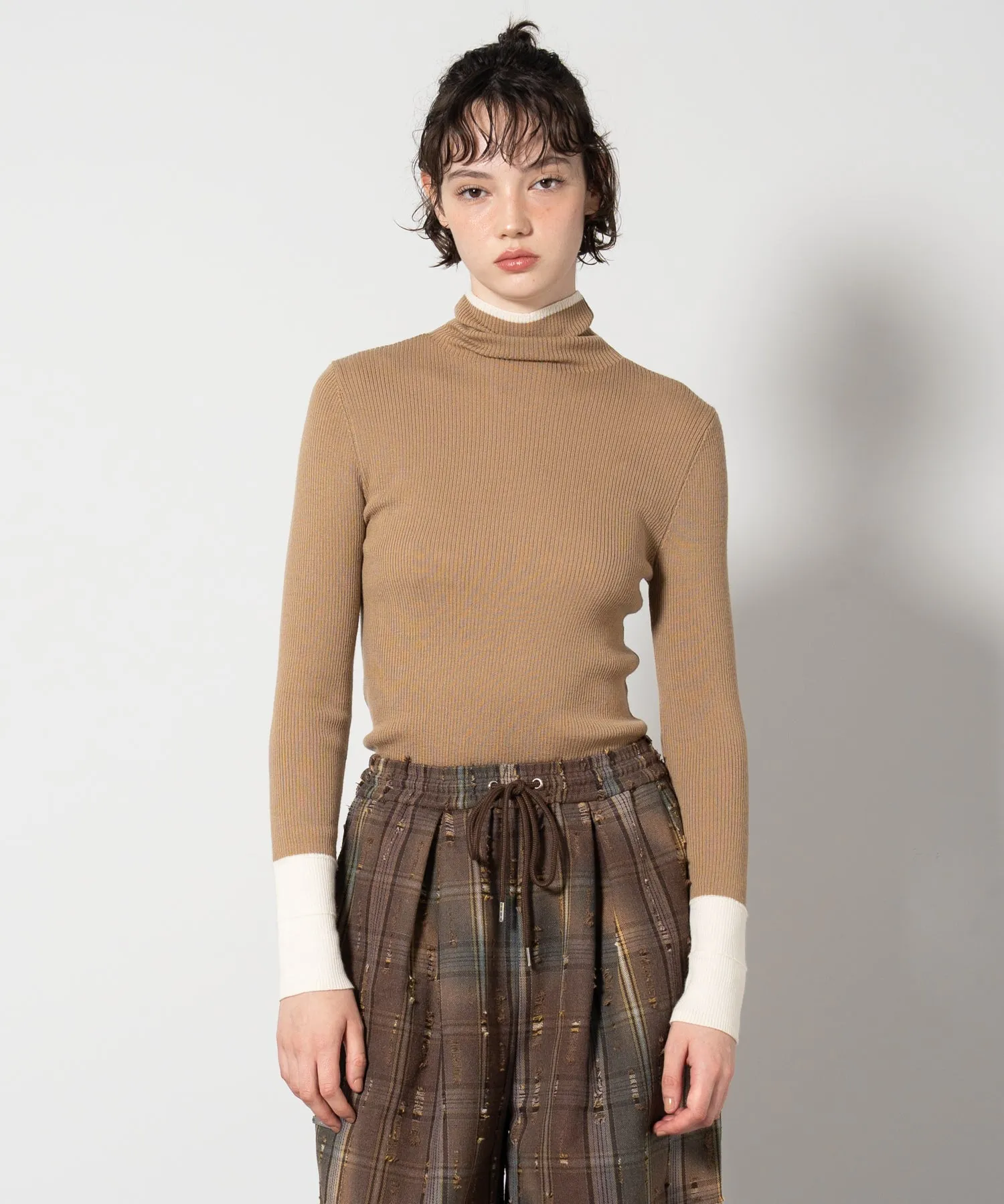 Color Block Rib Knit High Neck Wool Top