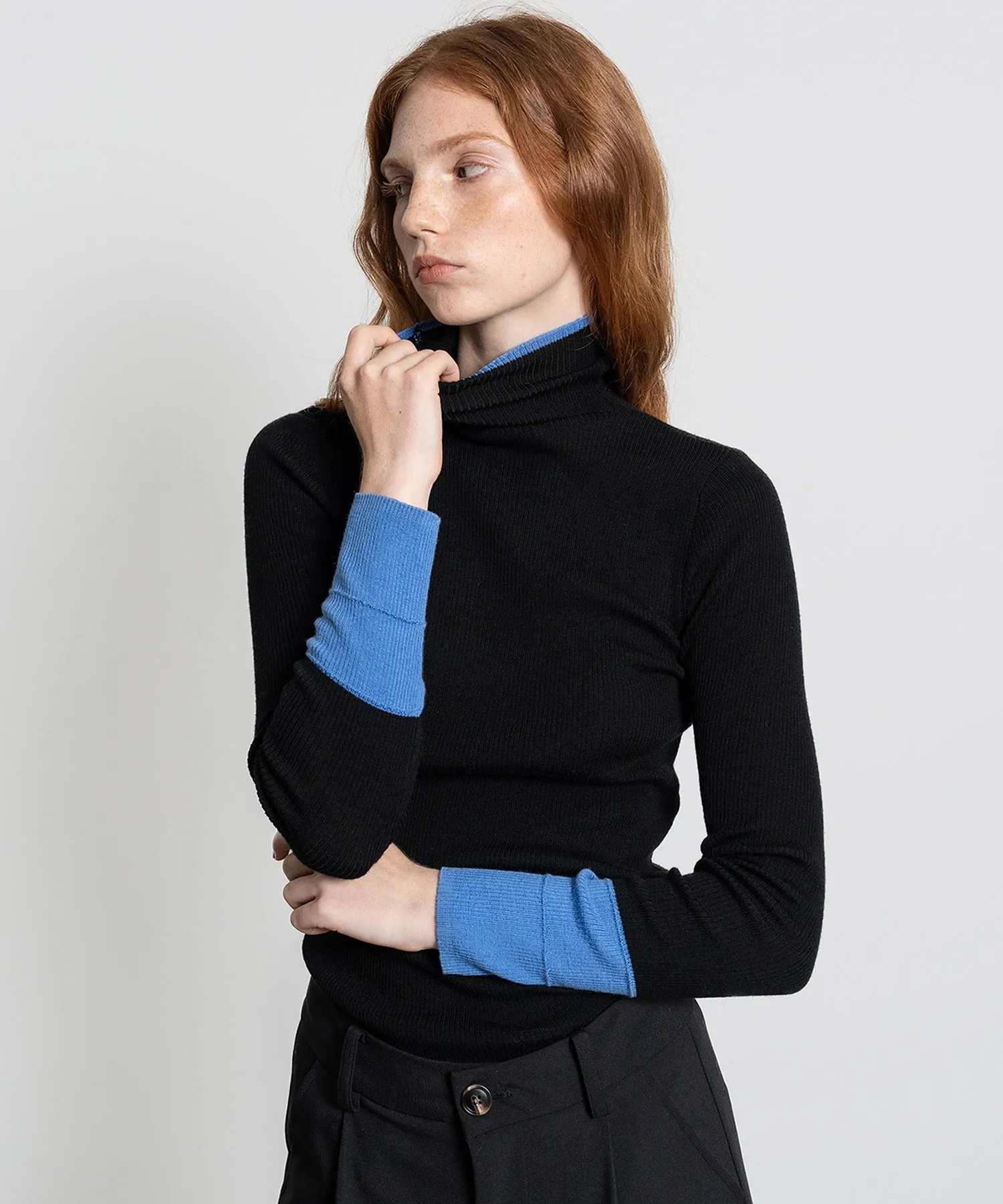 Color Block Rib Knit High Neck Wool Top