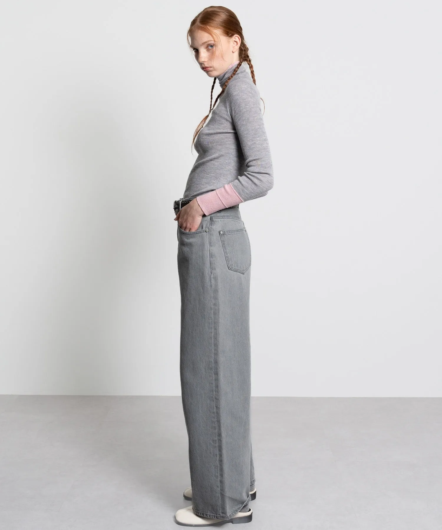 Color Block Rib Knit High Neck Wool Top