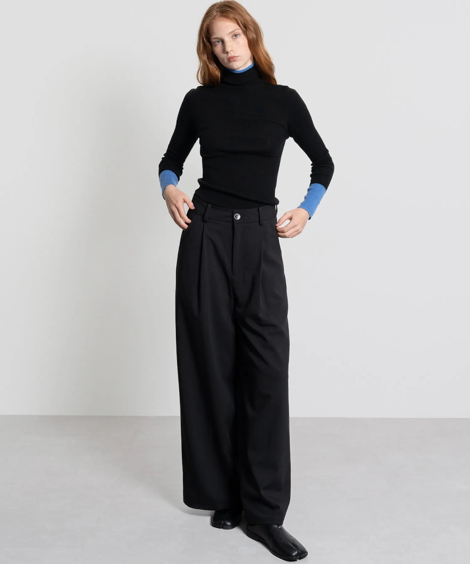 Color Block Rib Knit High Neck Wool Top