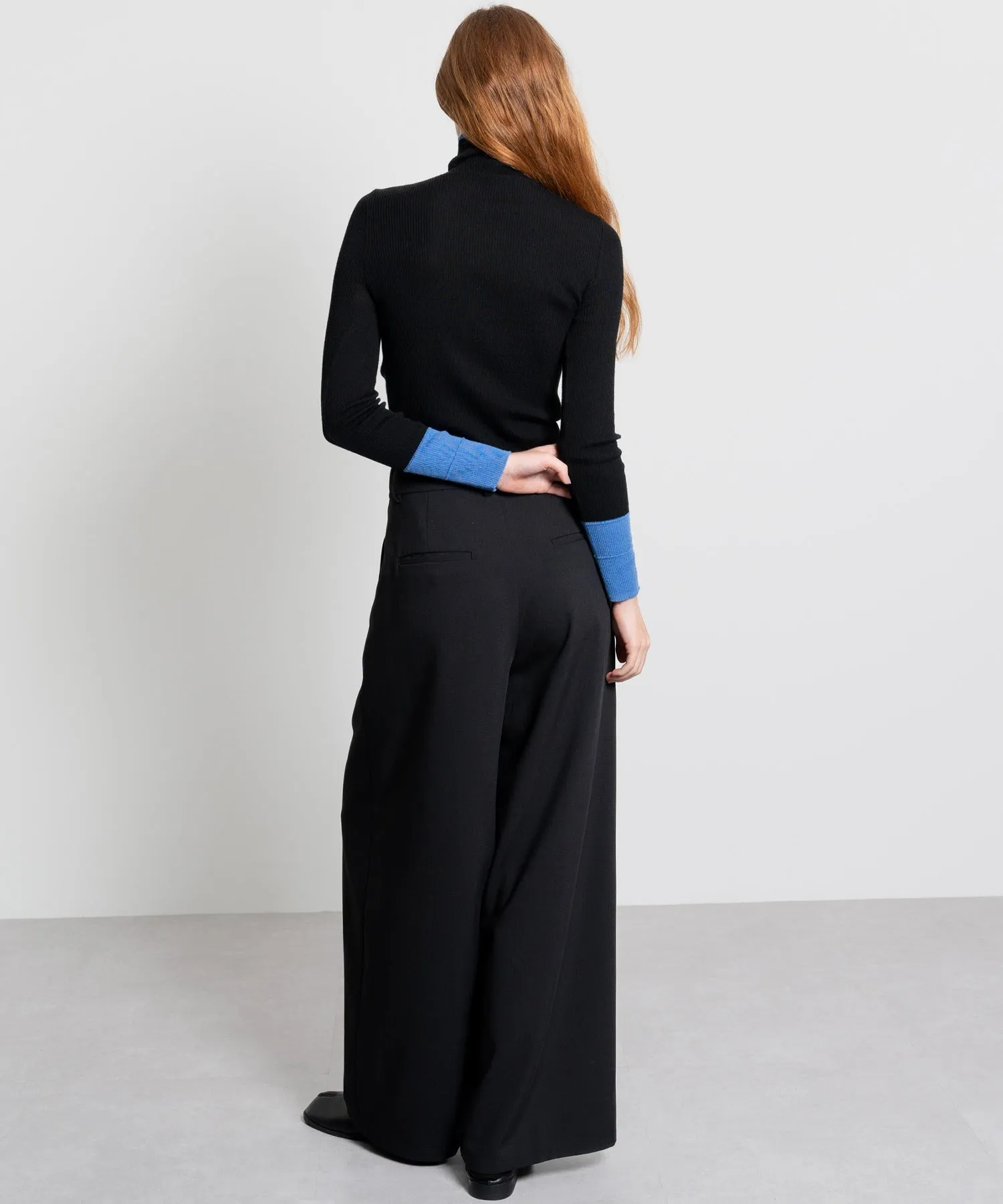 Color Block Rib Knit High Neck Wool Top