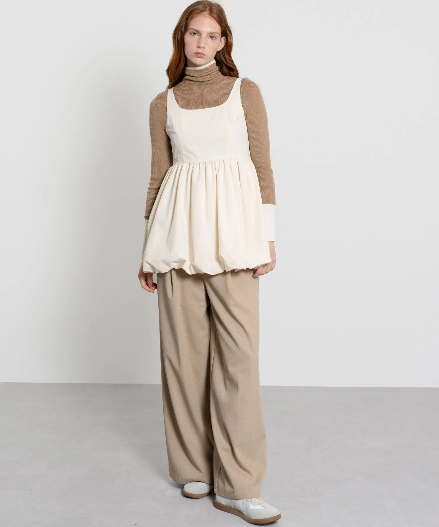 Color Block Rib Knit High Neck Wool Top