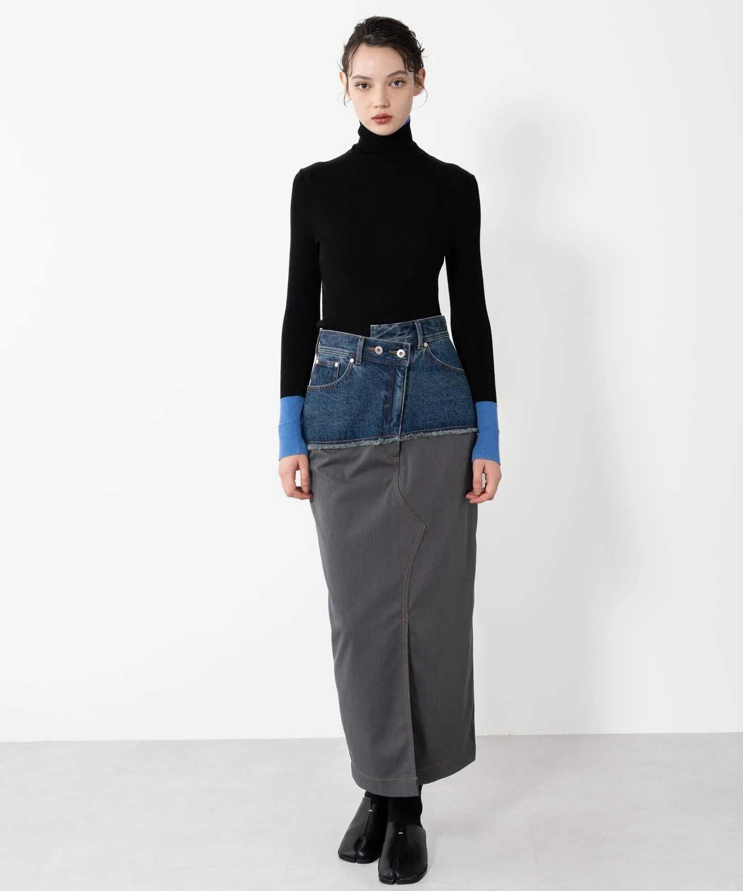 Color Block Rib Knit High Neck Wool Top