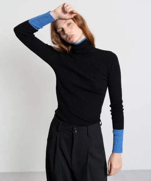 Color Block Rib Knit High Neck Wool Top