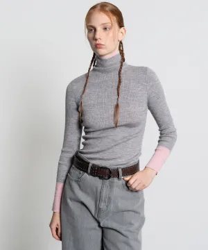 Color Block Rib Knit High Neck Wool Top