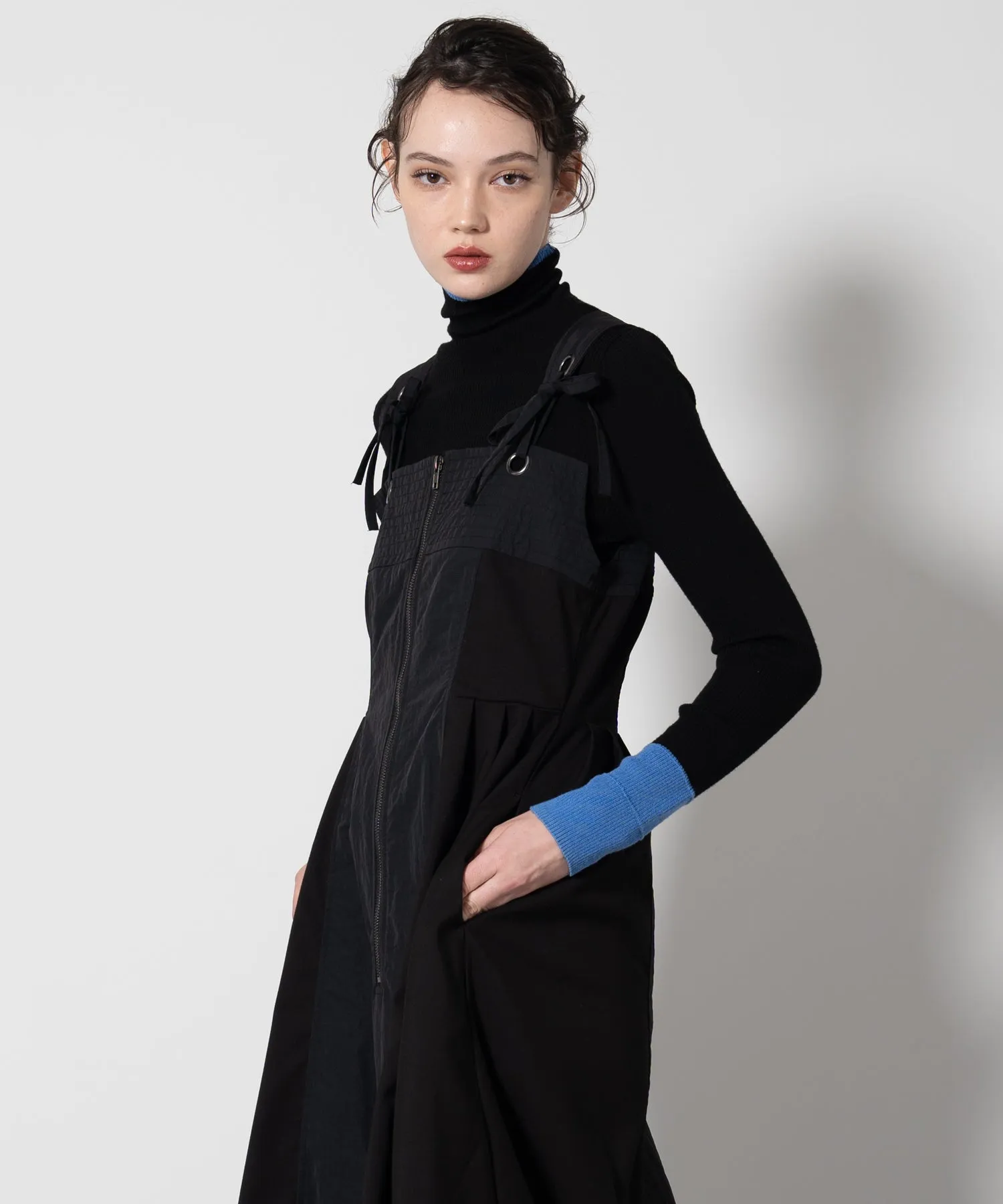 Color Block Rib Knit High Neck Wool Top
