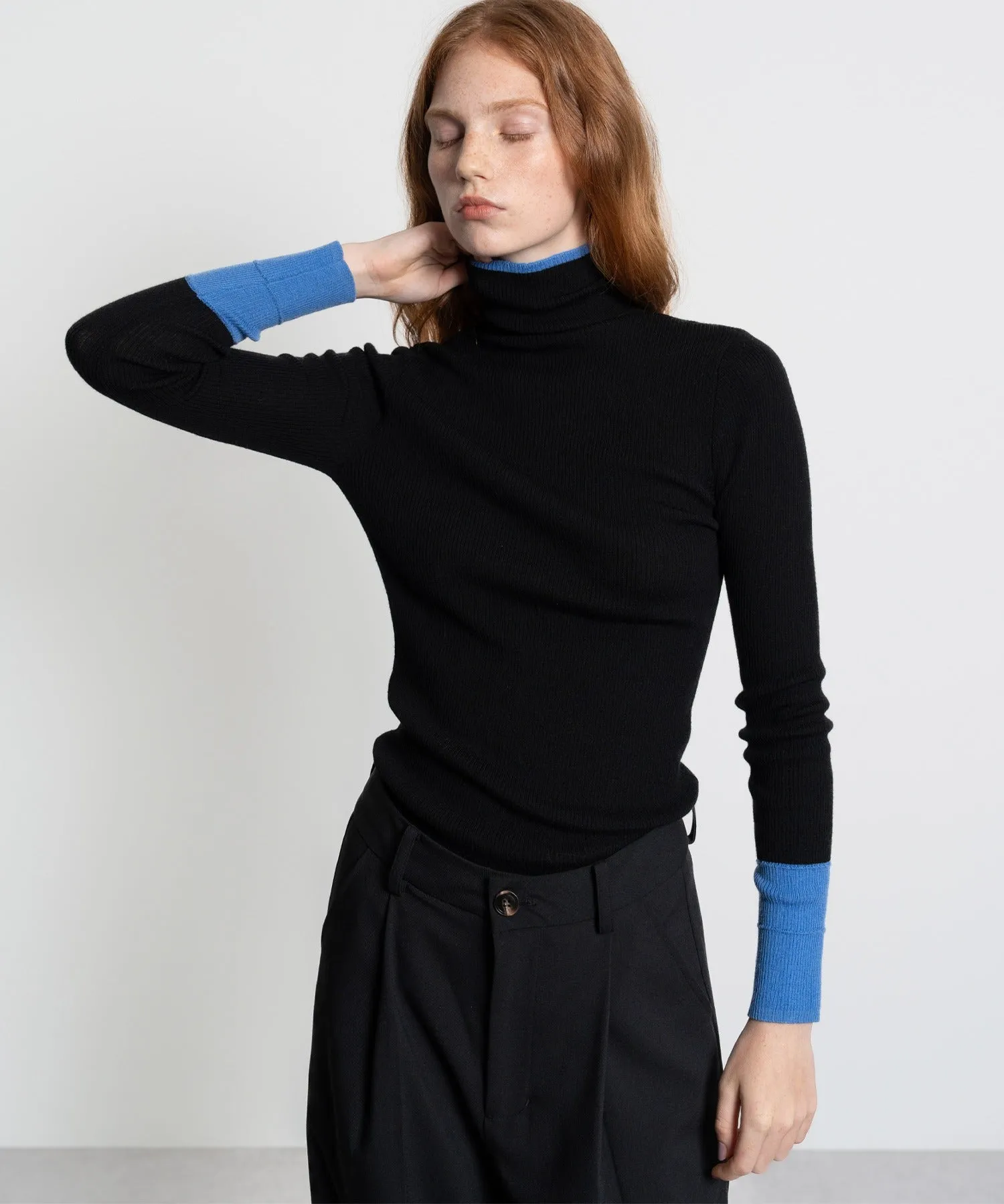 Color Block Rib Knit High Neck Wool Top