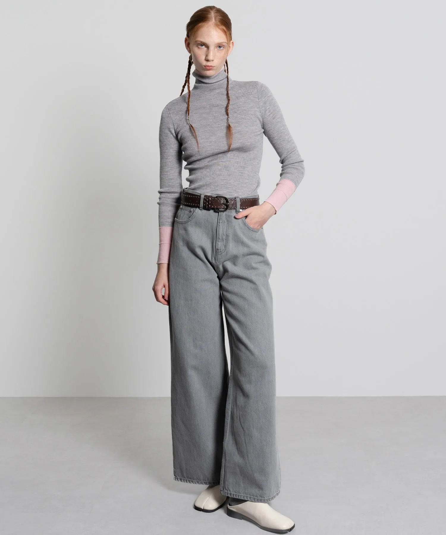 Color Block Rib Knit High Neck Wool Top