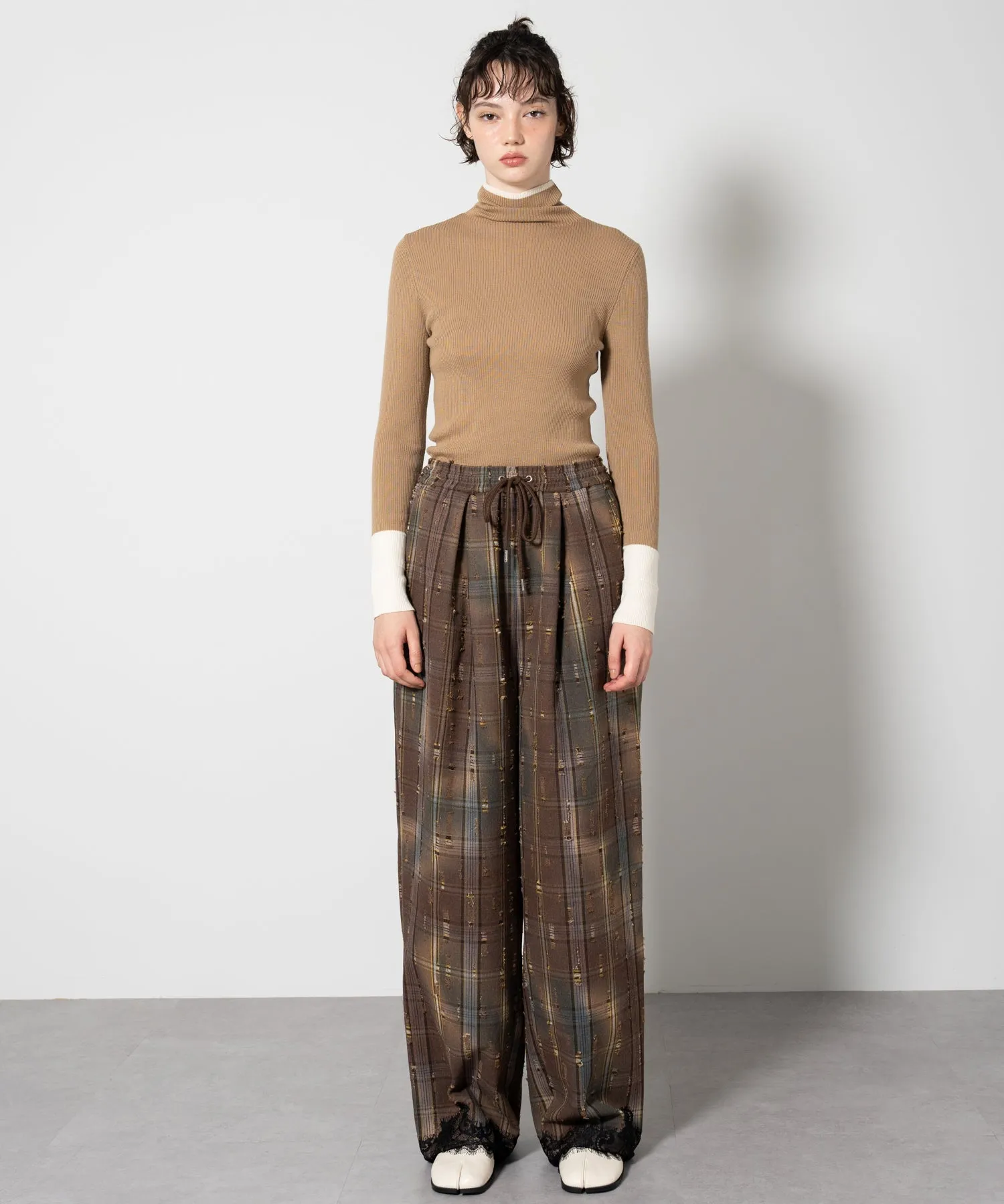 Color Block Rib Knit High Neck Wool Top