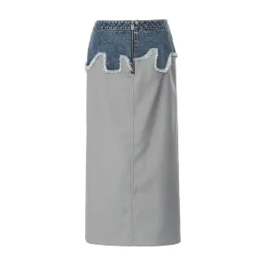 Colorblock Spliced Raw Hem Skirts For Women High Waist Patchwork Zipper Vintage Elegant Skirt Female Fashion Style