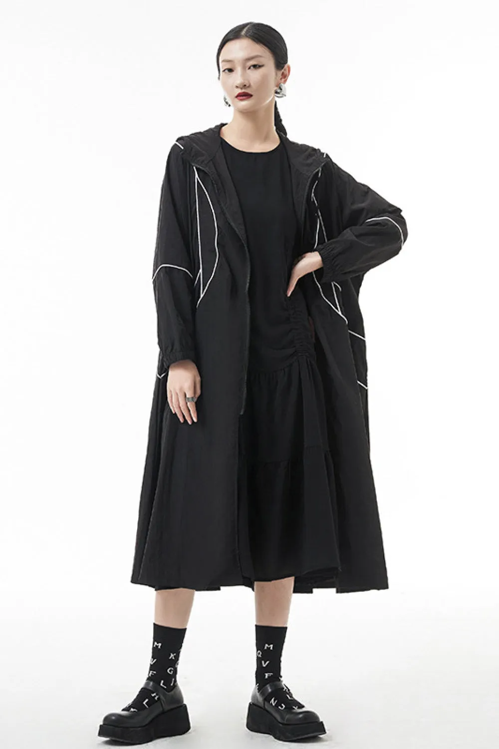 Contrast Stitching Zip Up Hooded Coat