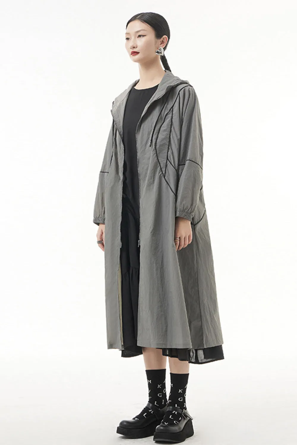 Contrast Stitching Zip Up Hooded Coat