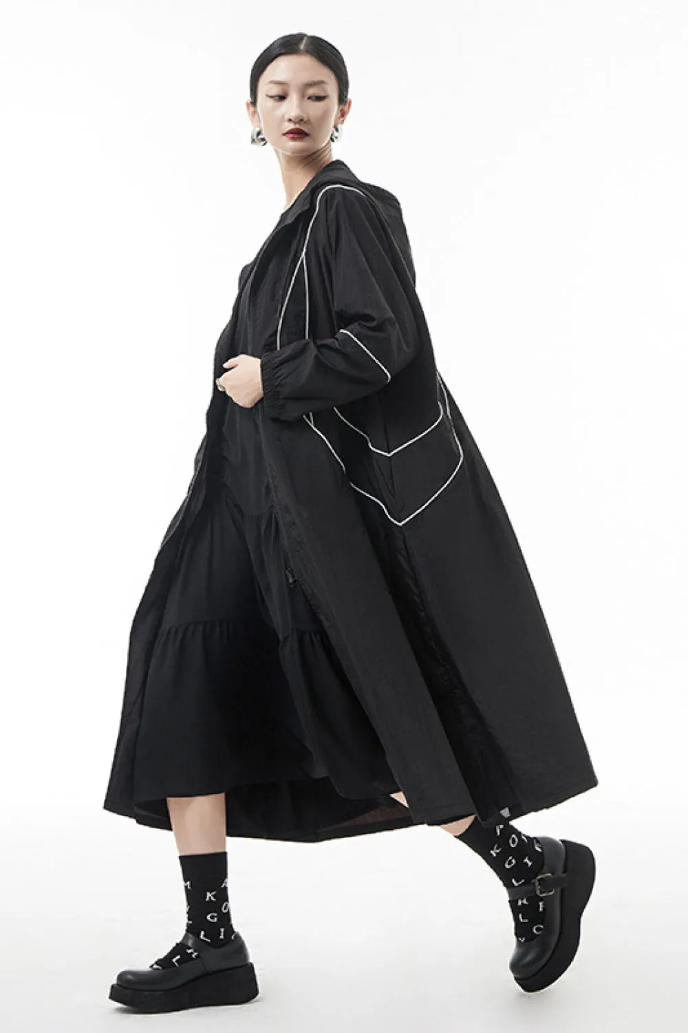 Contrast Stitching Zip Up Hooded Coat