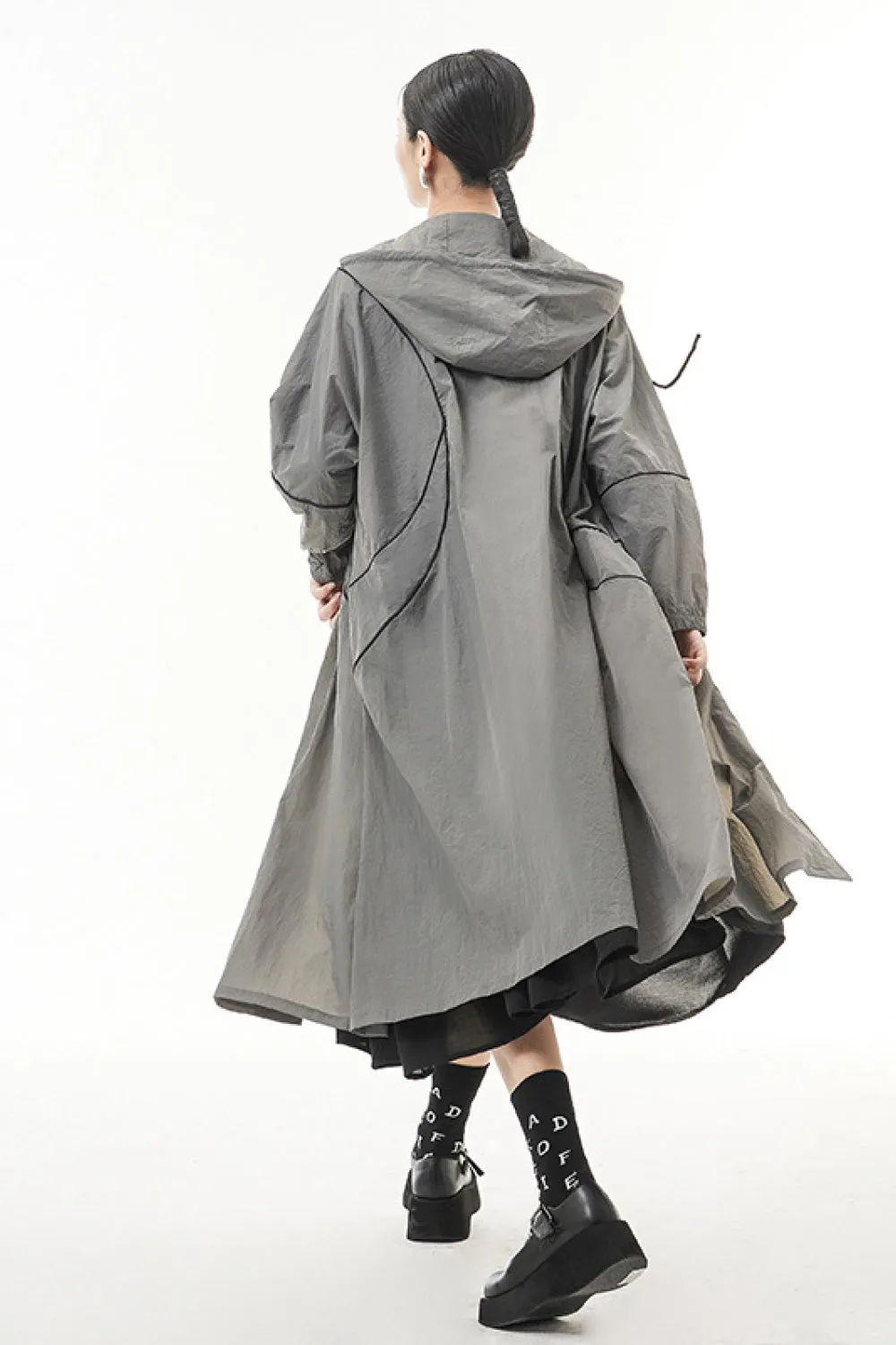 Contrast Stitching Zip Up Hooded Coat