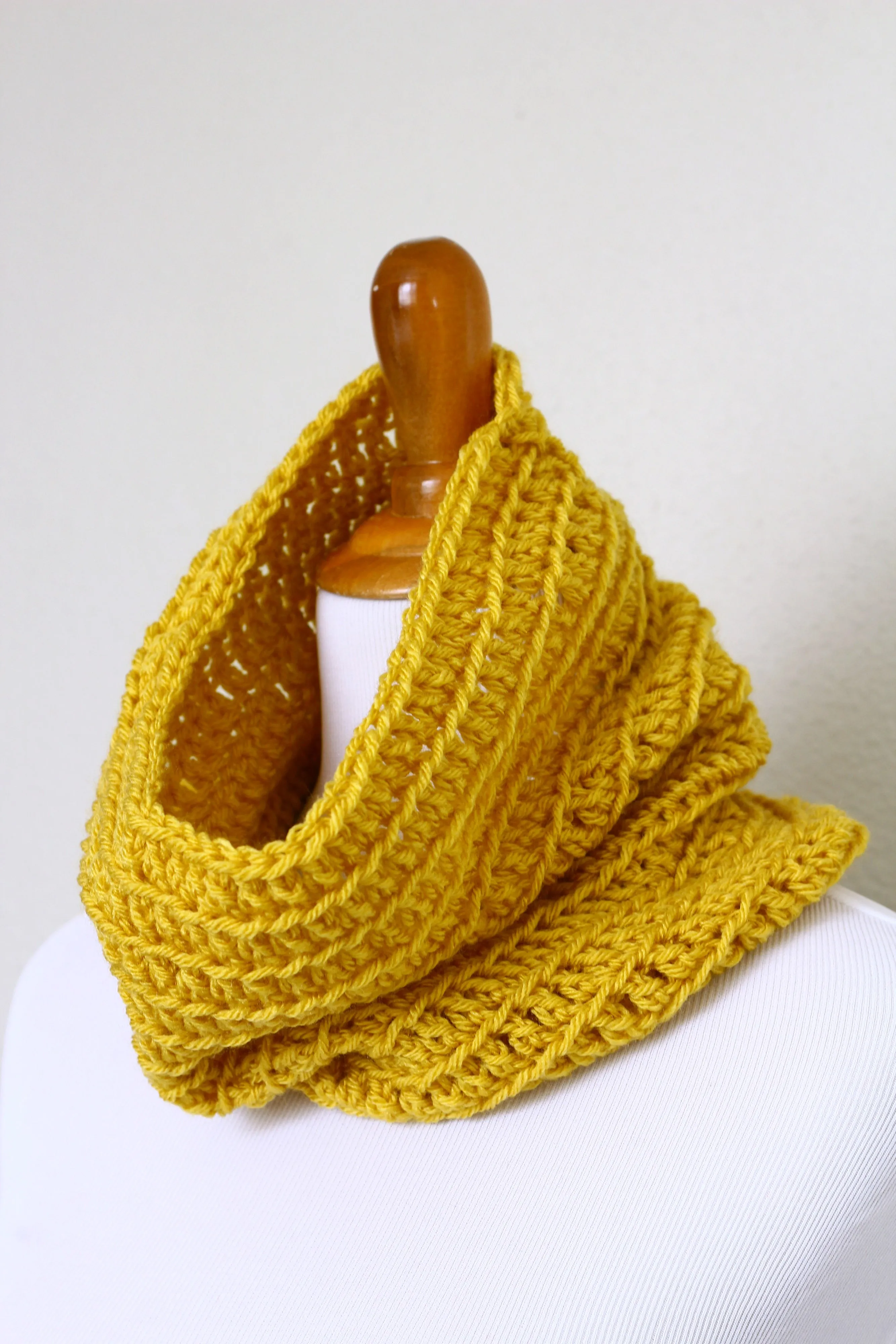 Crochet infinity scarf in mustard color, chunky cowl - 12 colors available