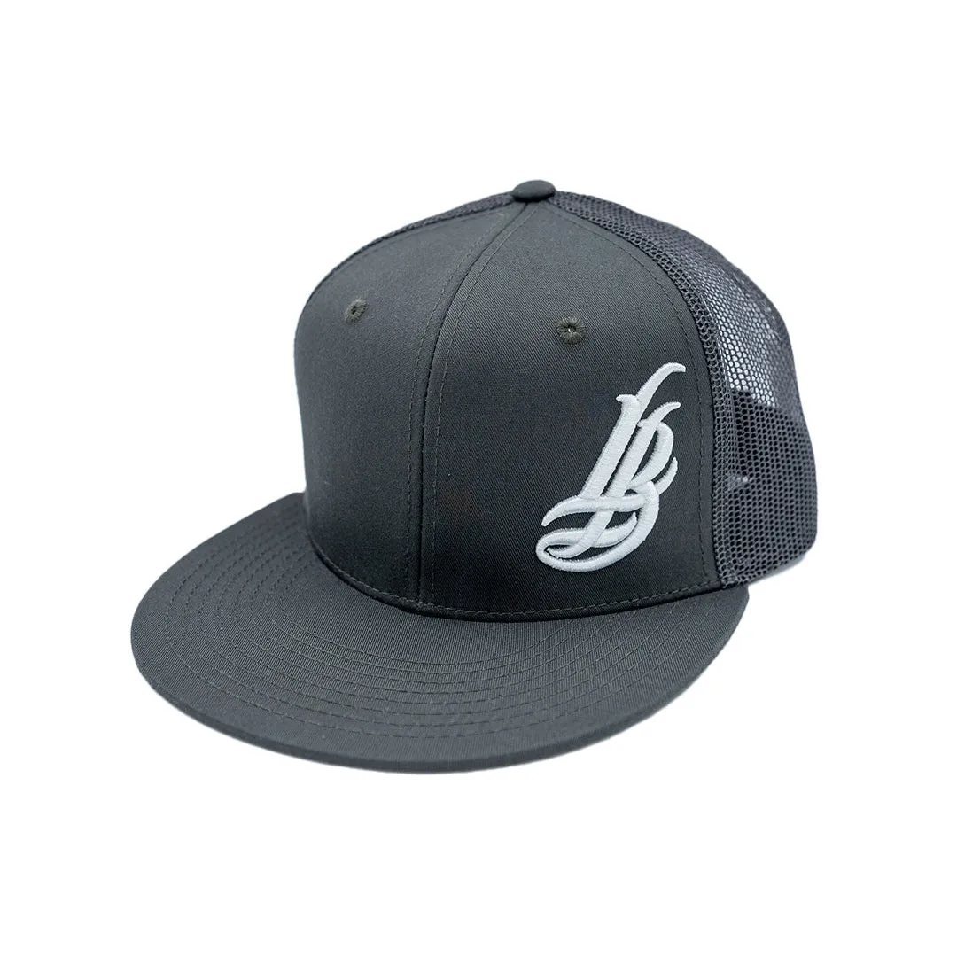 Cursive LB White on Charcoal Trucker Hat