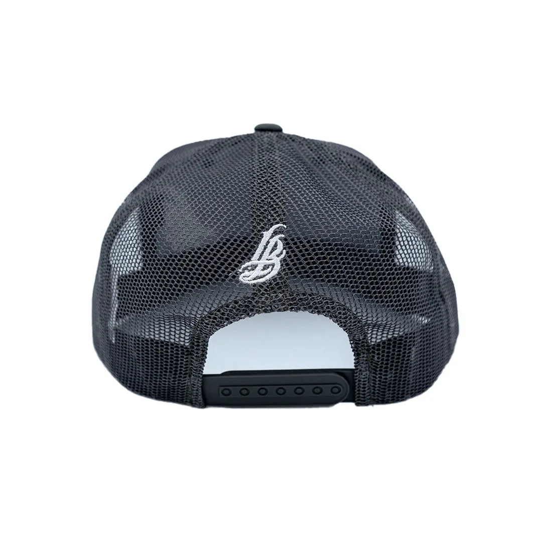 Cursive LB White on Charcoal Trucker Hat