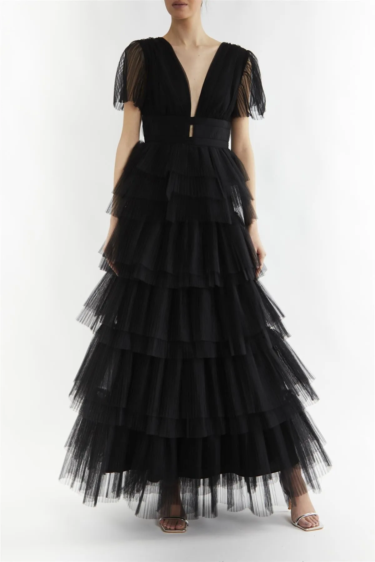 Deliza Black Plunge Front Tiered Maxi Dress