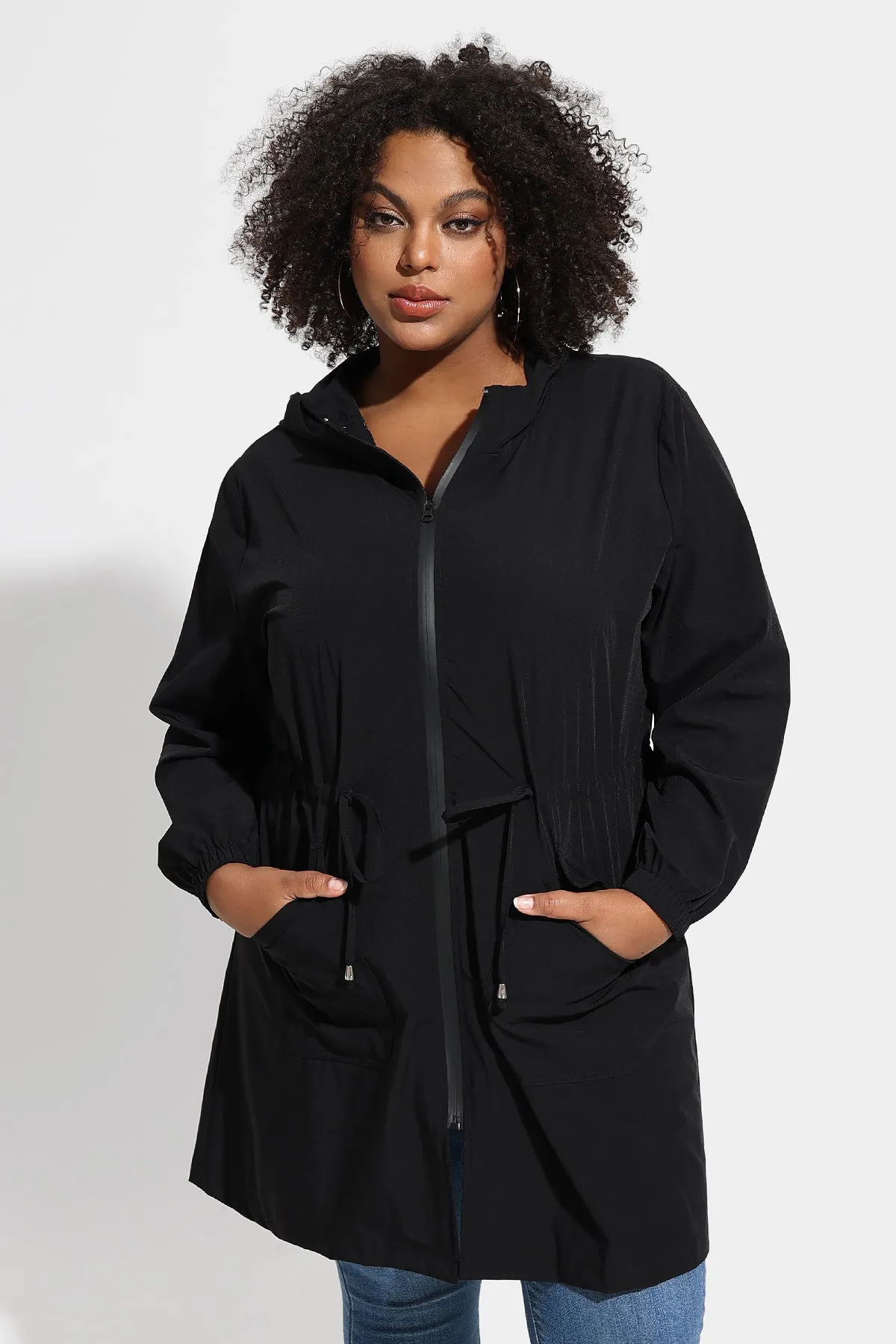 Drawstring Elastic Waist Hooded Coat with Pockets