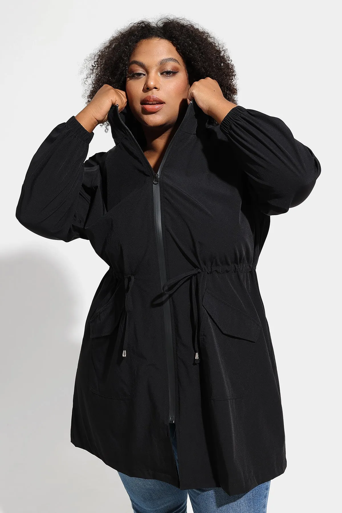 Drawstring Elastic Waist Hooded Coat with Pockets
