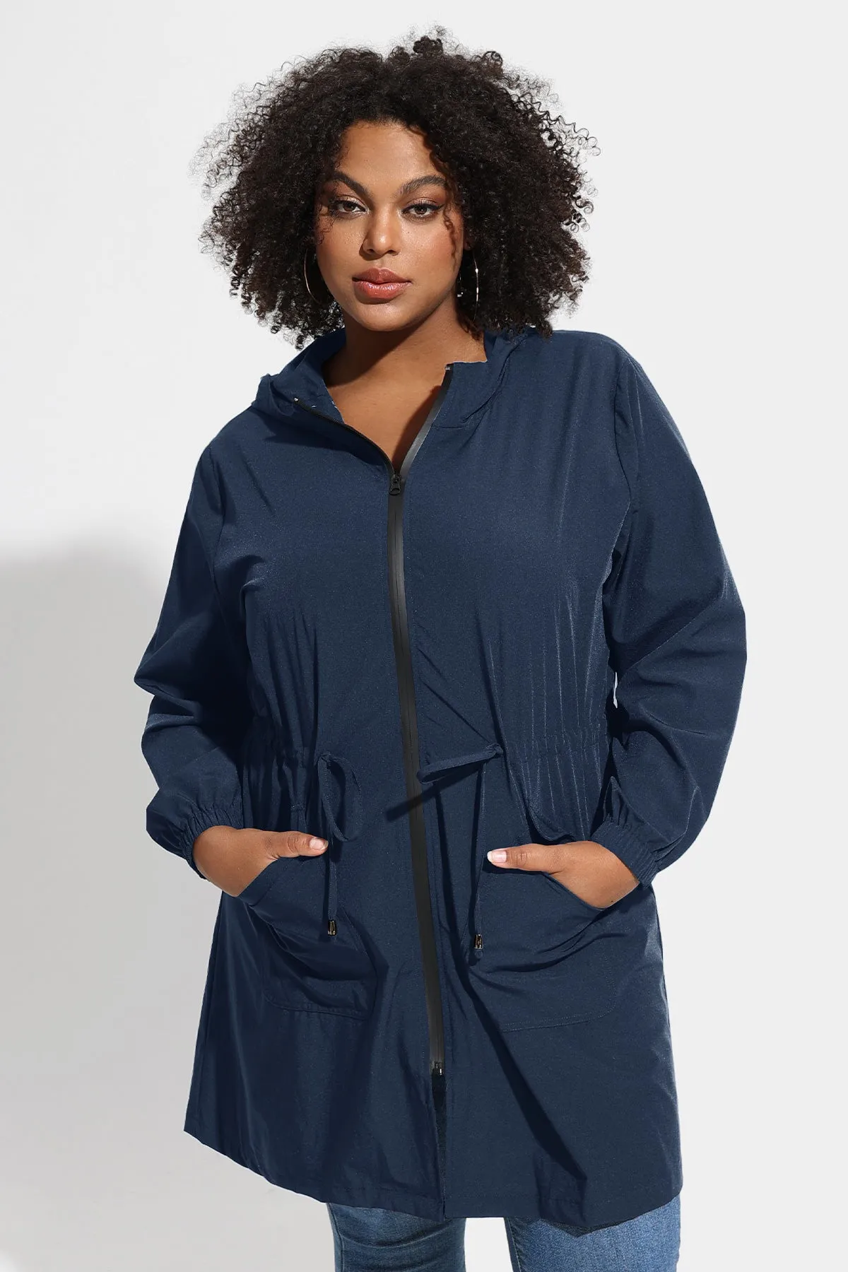 Drawstring Elastic Waist Hooded Coat with Pockets