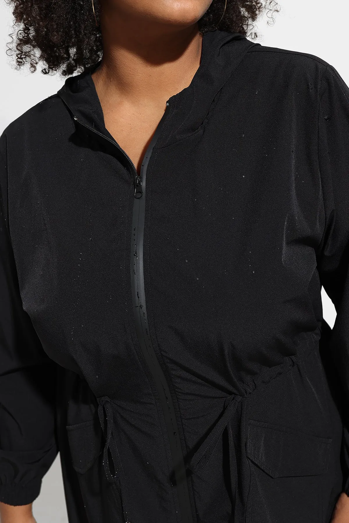 Drawstring Elastic Waist Hooded Coat with Pockets